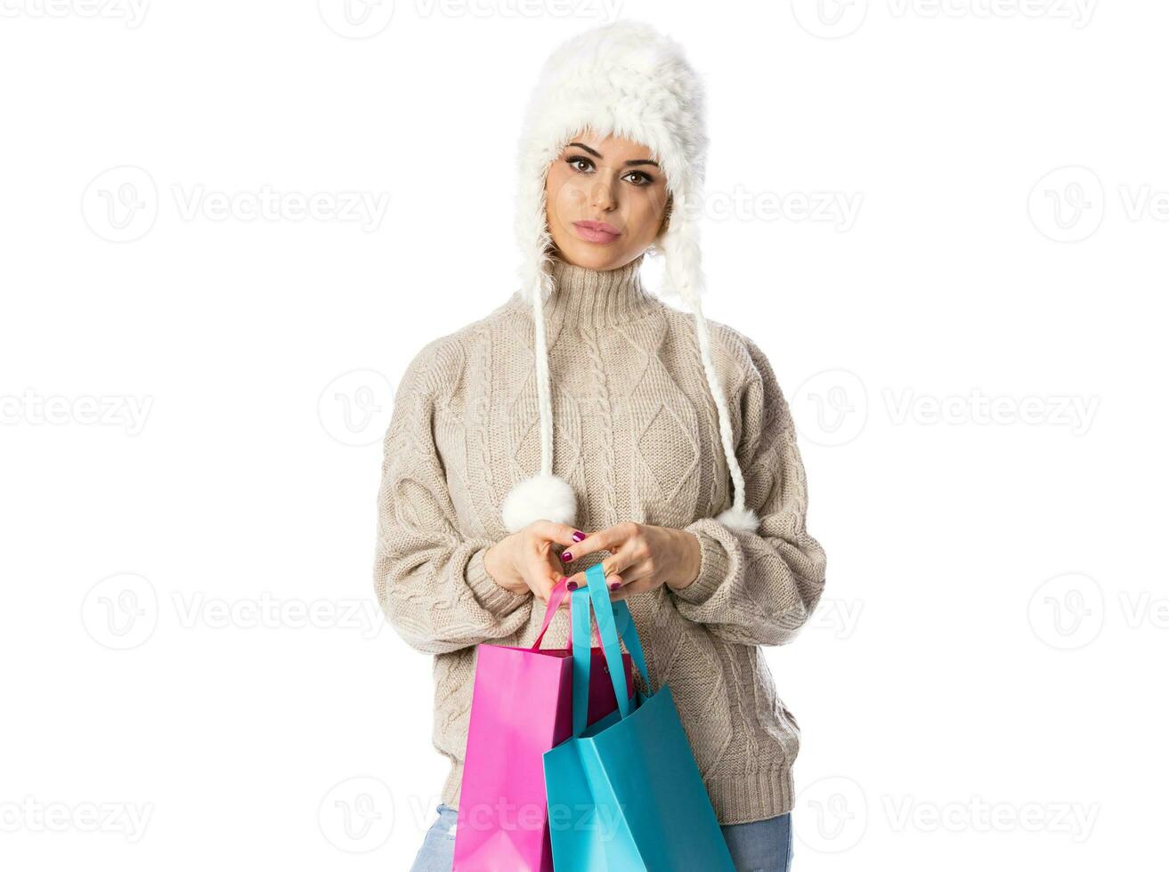 contento donna Tenere shopping borse. inverno i saldi. isolato foto