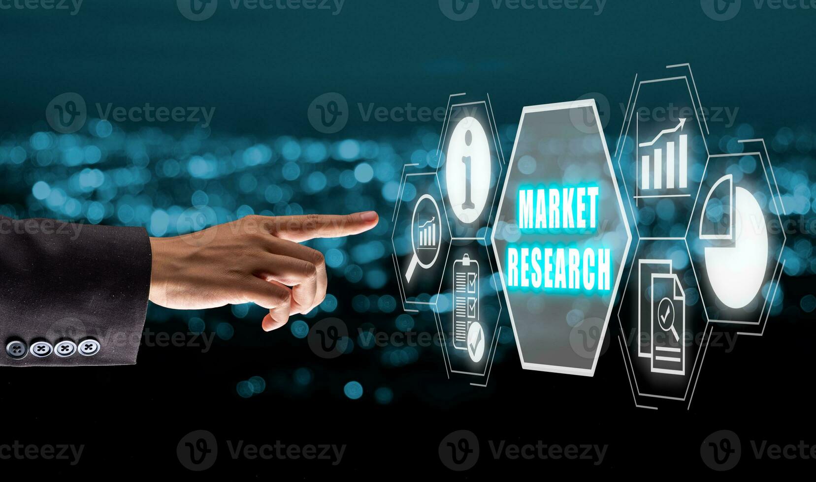 mercato ricerca concetto, donna d'affari mano toccante mercato ricerca icona su virtuale schermo. foto