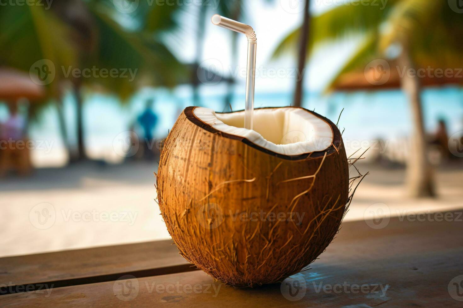 gratuito foto Noce di cocco cocktail con potabile cannuccia su un' palma albero nel il spiaggia fotografia ai creare