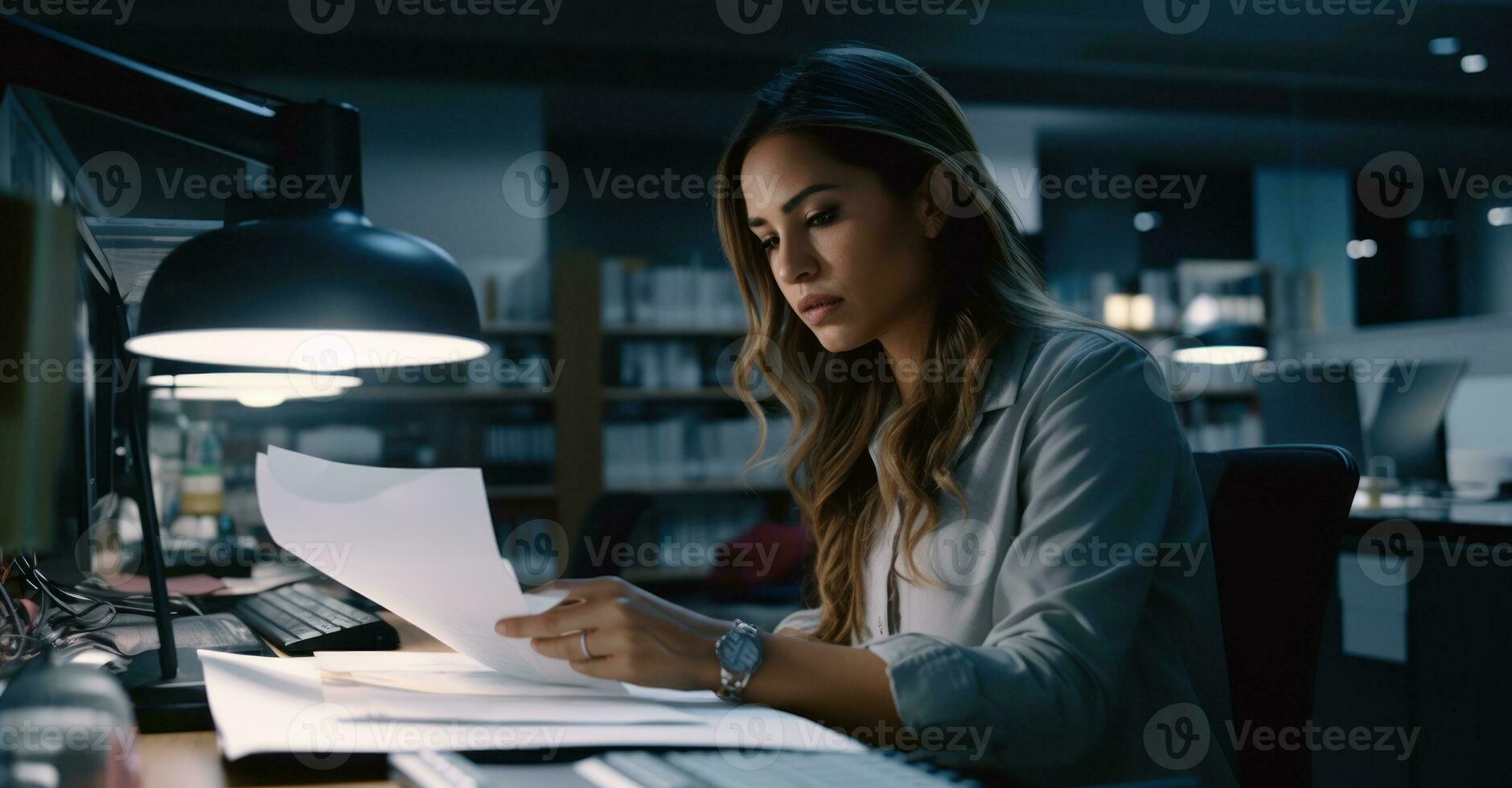 un ufficio assistente organizzazione File su un' computer nel un' ben illuminato ufficio, con documenti e Stazionario su sua scrivania foto