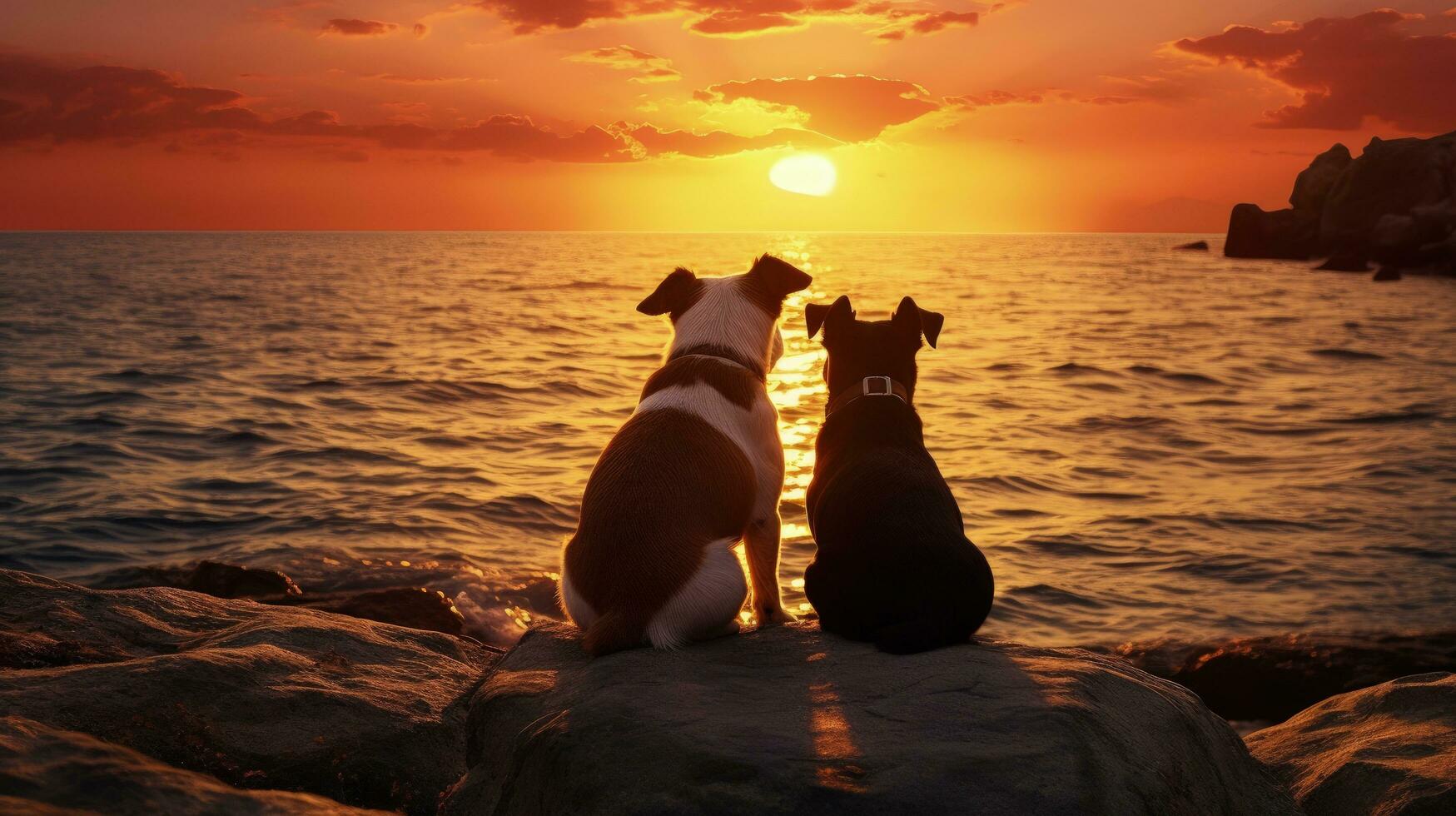 Due Jack russell cani osservare il grande sole come esso imposta. silhouette concetto foto
