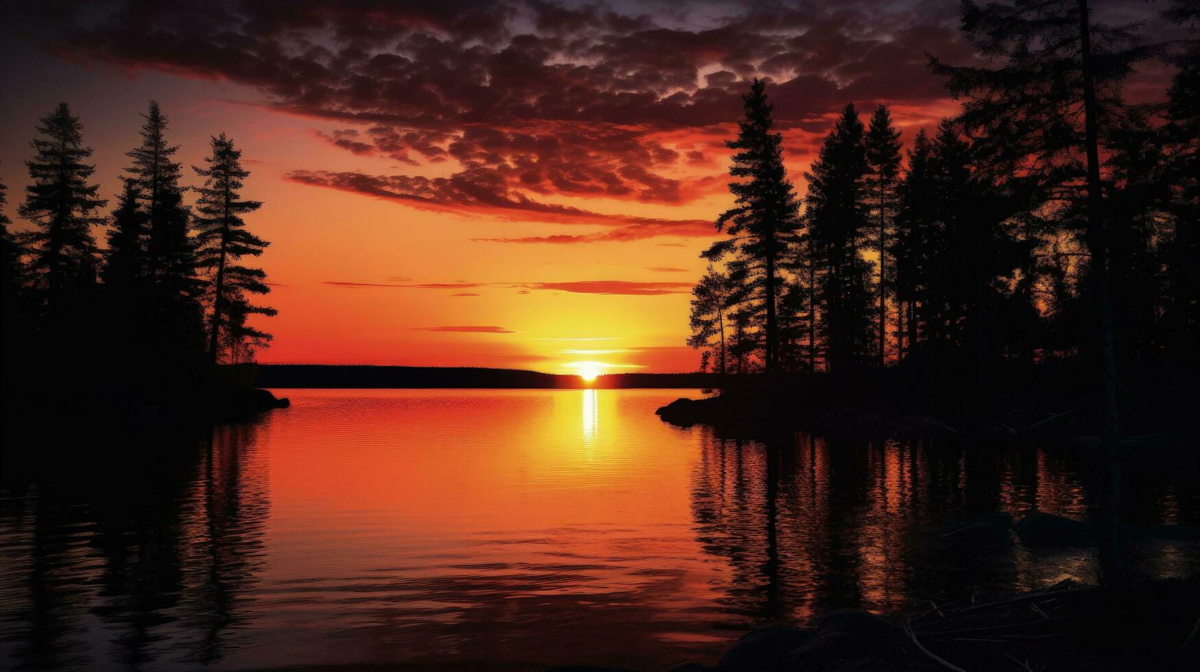 silhouette di alberi nel davanti di un' canadese lago a crepuscolo con un' raggiante tramonto foto