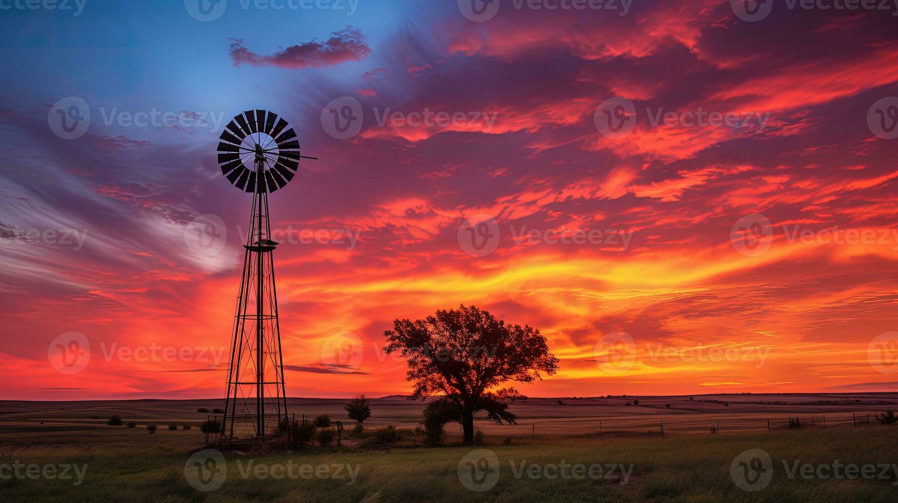 colorato tramonto con mulino a vento e alberi nel rurale Kansas nord di hutchinson. silhouette concetto foto