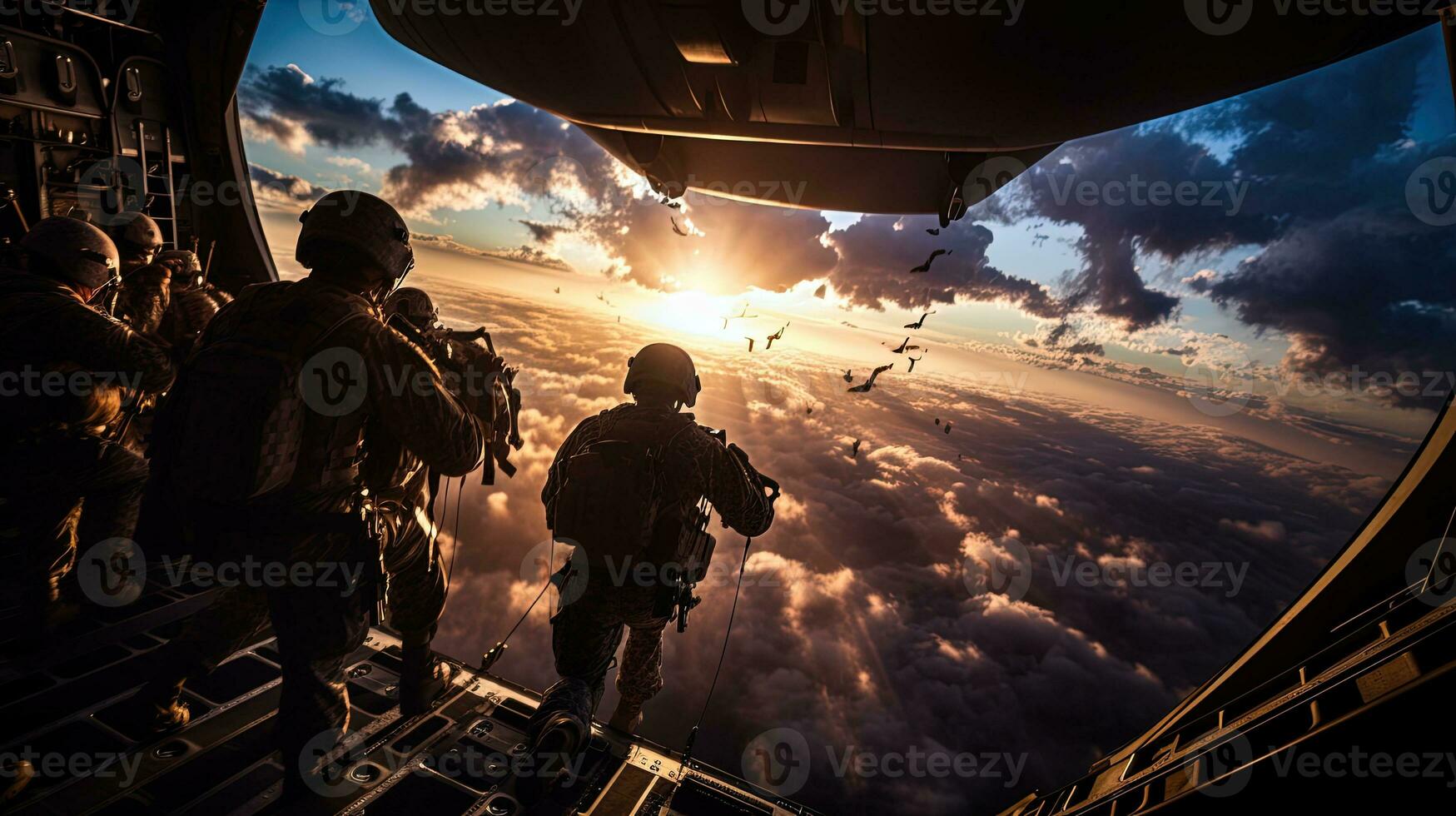 esercito soldati e paracadutisti discendente a partire dal un aria vigore c 130 durante un aerotrasportato operazione. silhouette concetto foto