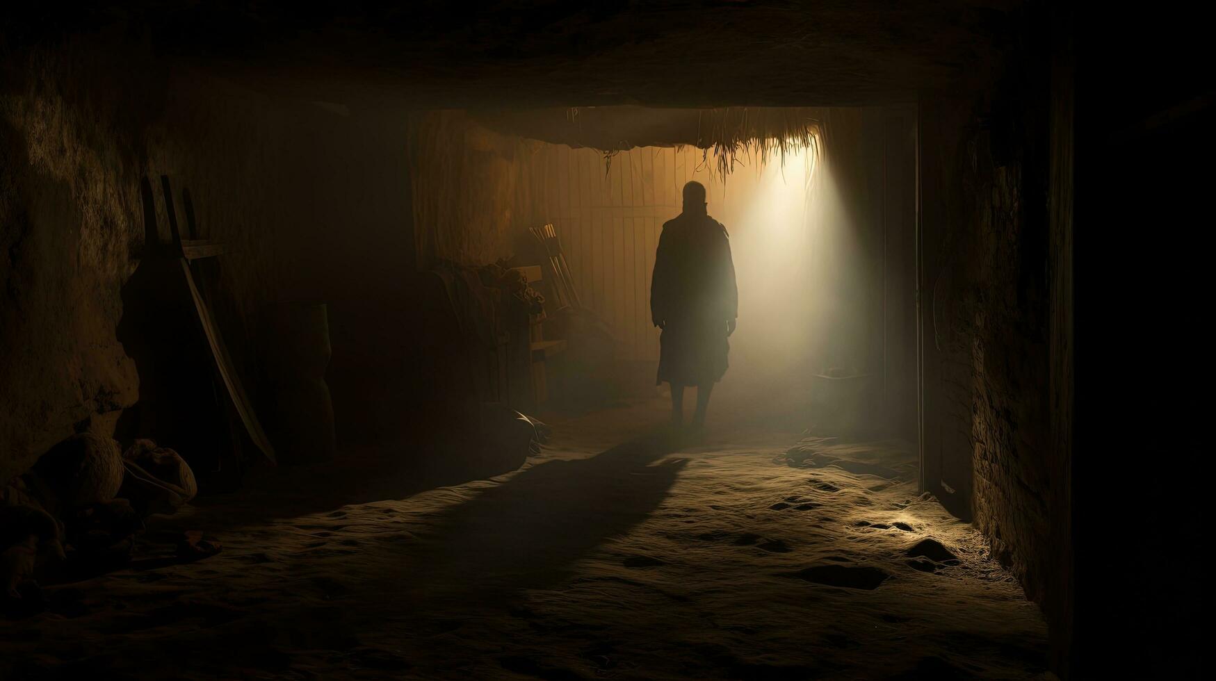 un misterioso spettrale figura catturato nel un anziano polveroso cantina S fotografia. silhouette concetto foto