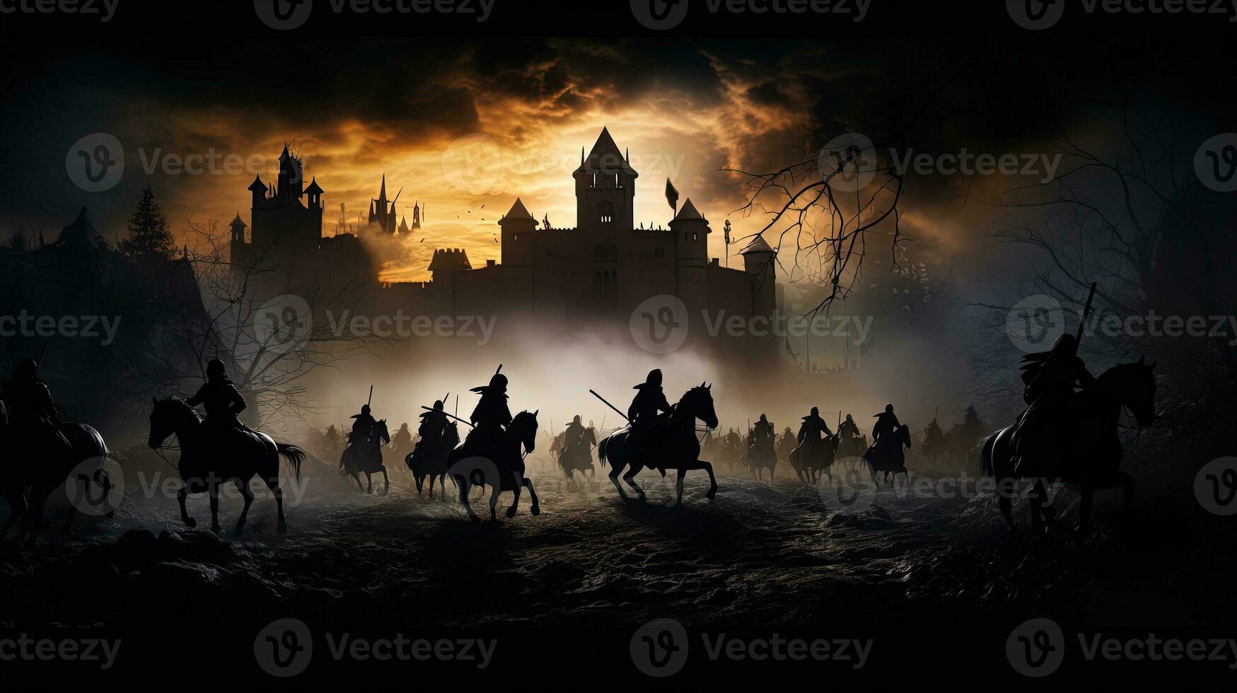 guerrieri nel medievale battaglia scena combattente nel silhouette contro un' nebbioso sfondo con castello foto