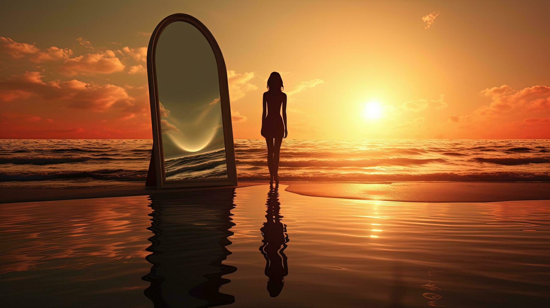 un' donna è ammirazione sua riflessione nel il luce del sole su il mare. silhouette concetto foto