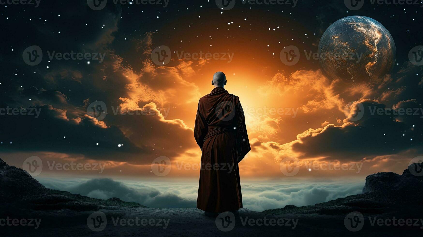 buddista monaco osservando il cosmo. silhouette concetto foto