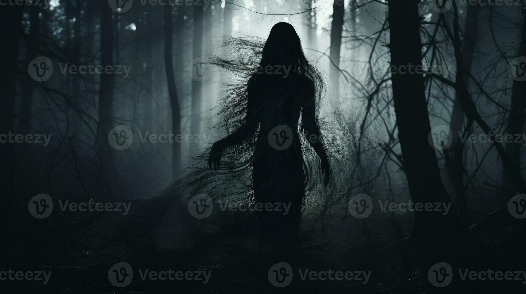 terrificante femmina fantasma con nero capelli nel un' buio foresta. silhouette concetto foto