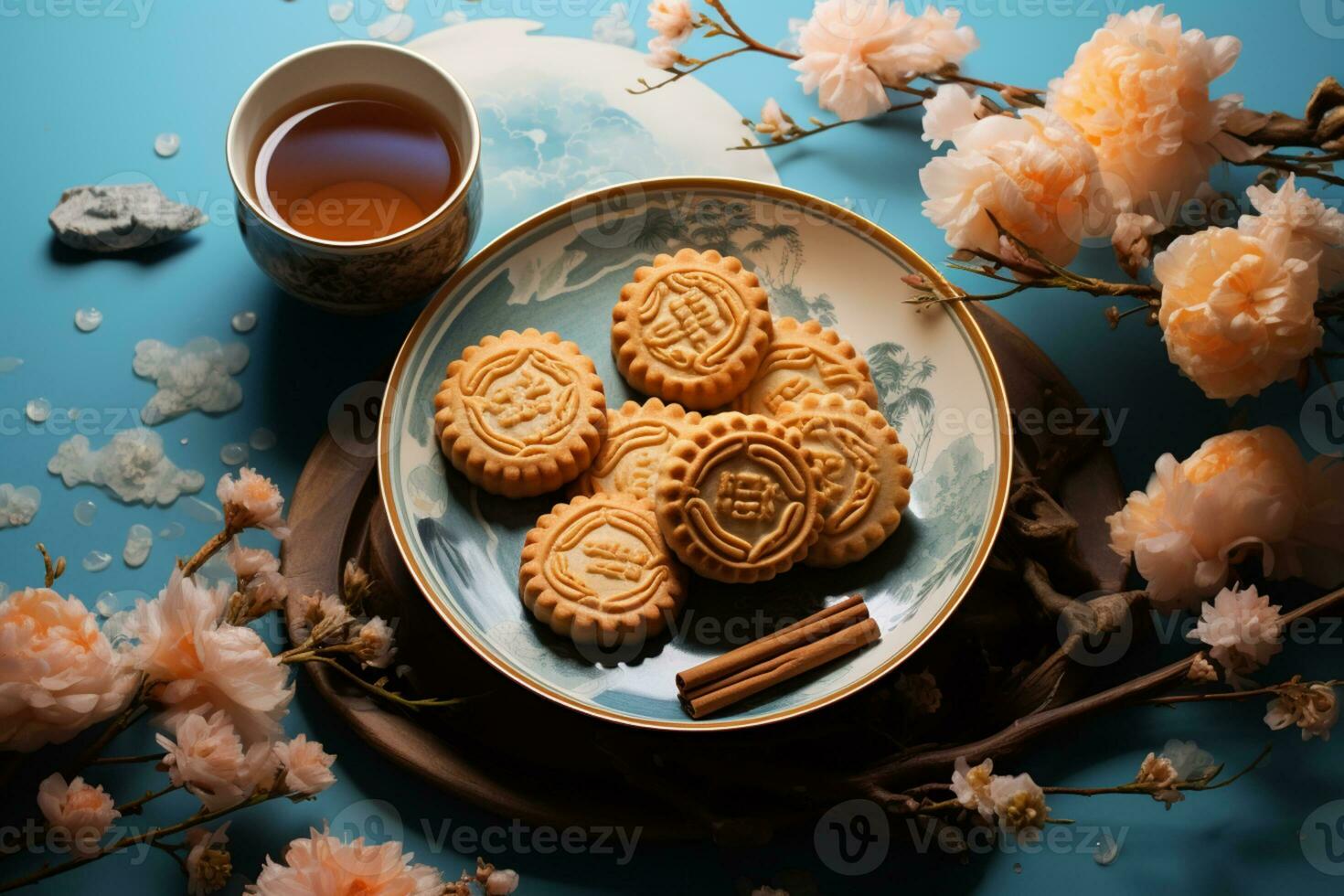 piatto di mooncakes servito con tè su blu sfondo foto