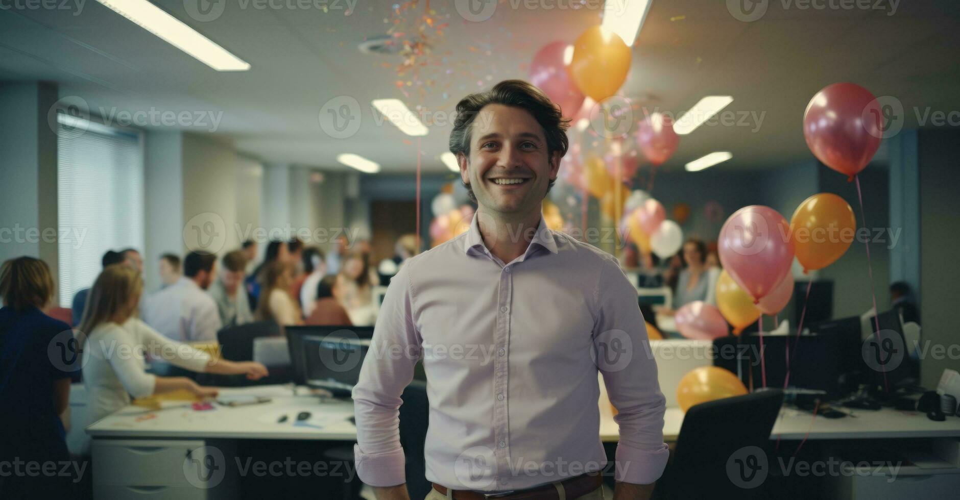 un ufficio celebrazione di un' colleghi compleanno con torta, palloncini, e gioioso facce foto