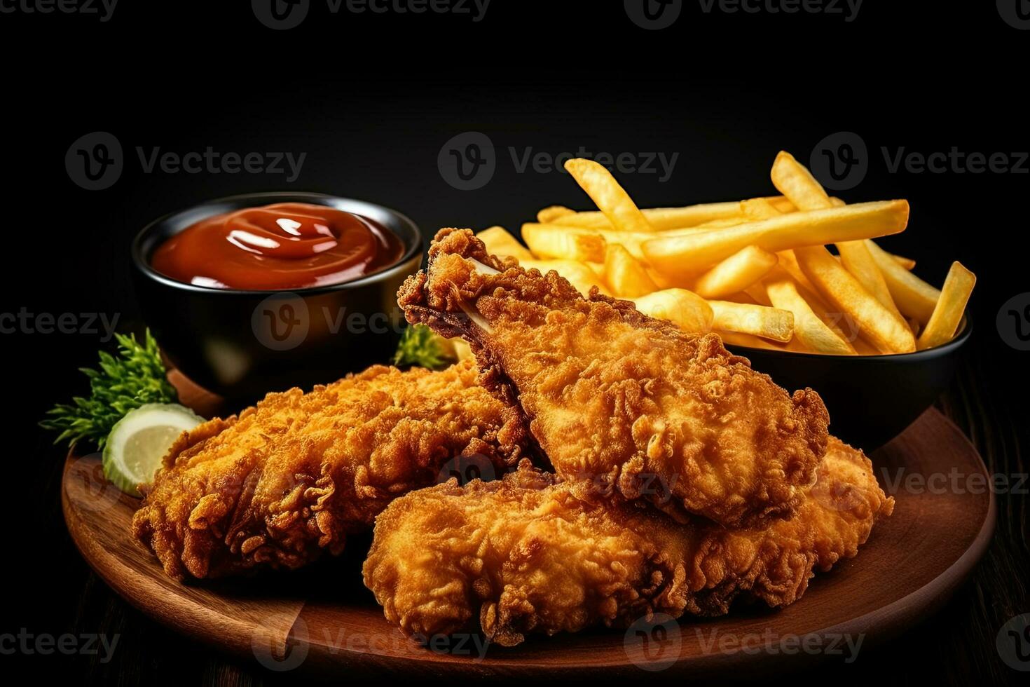 veloce cibo fritte croccante pollo e francese patatine fritte patate con ketchup salsa isolato su buio sfondo. ai generato foto