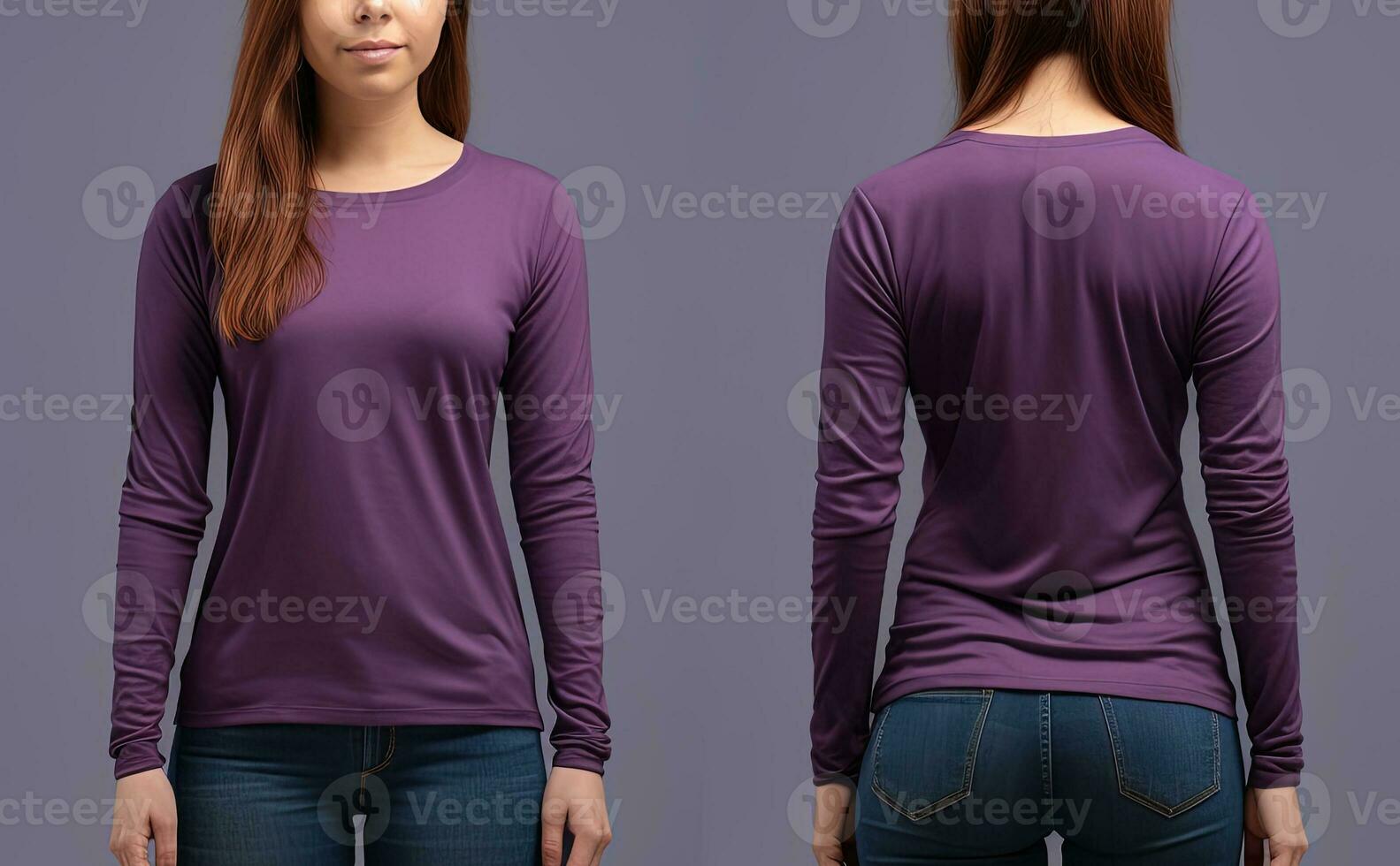 donna indossare un' viola maglietta con lungo maniche. davanti e indietro Visualizza. ai generato foto