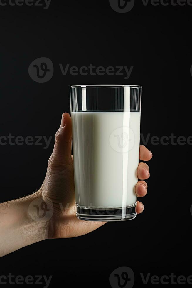 mano Tenere un' bicchiere di fresco latte isolato su nero sfondo. ai generato foto