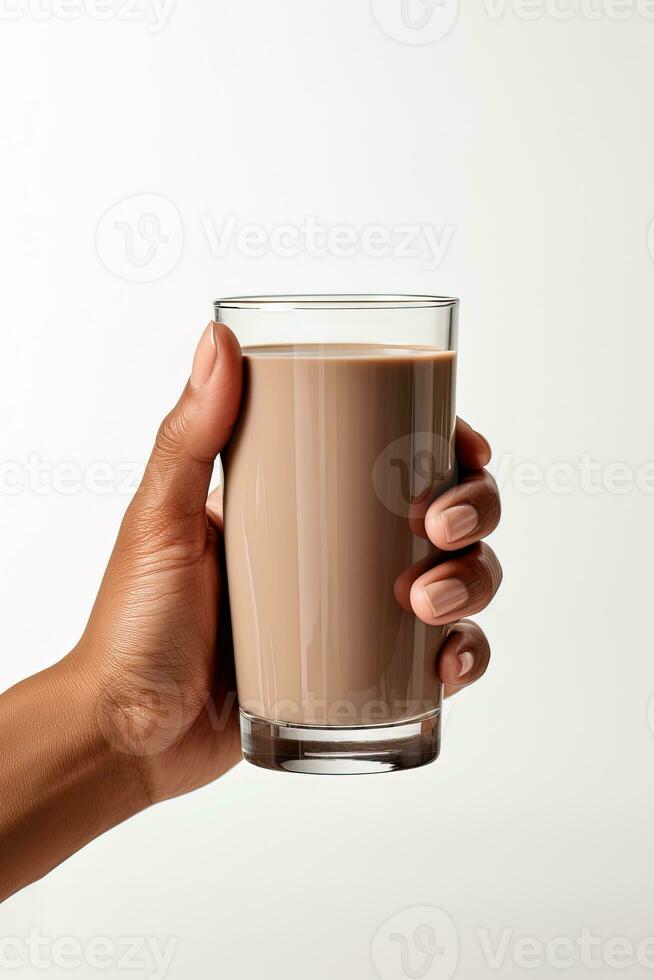 mano Tenere un' bicchiere di delizioso cioccolato latte isolato su bianca sfondo. ai generato foto