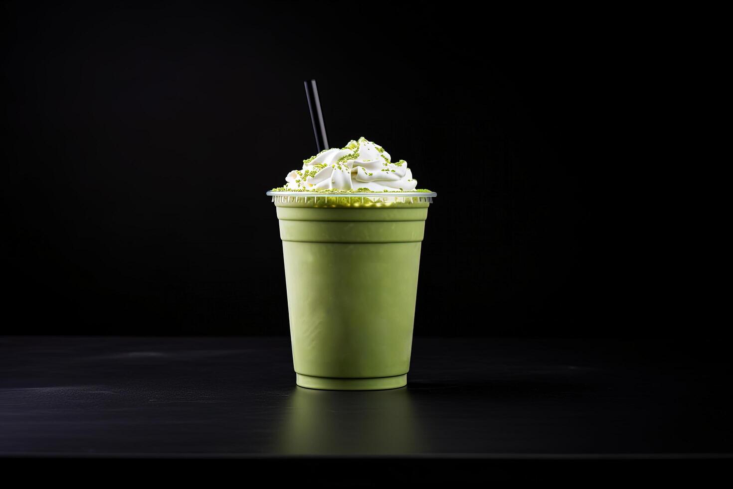 verde tè frappucino con frustato crema nel un' porta via tazza isolato su buio sfondo. ai generato foto