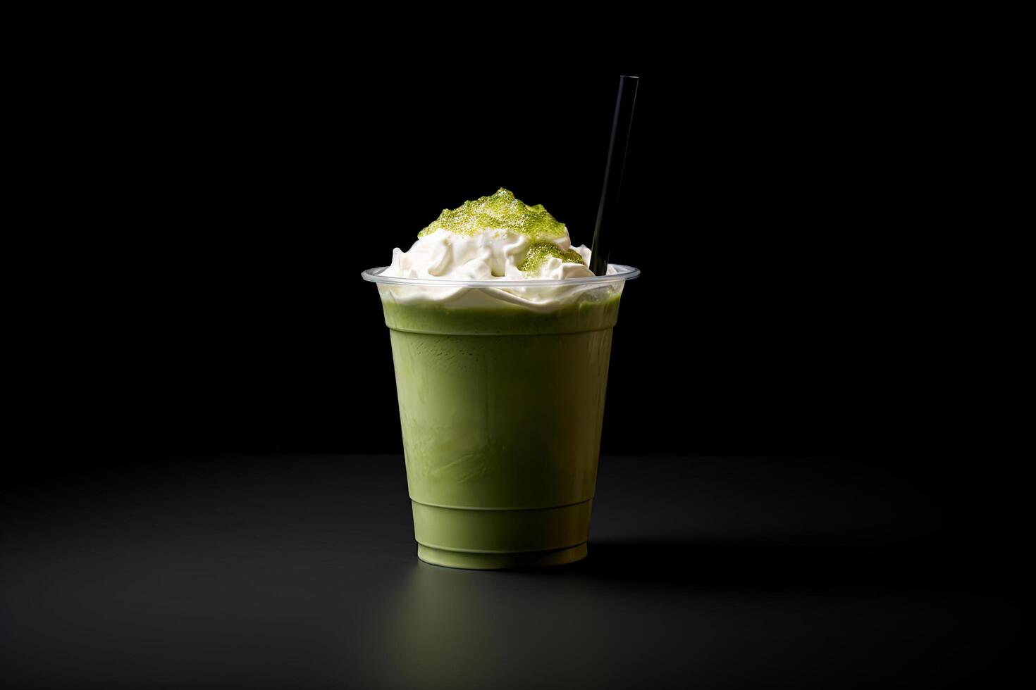 verde tè frappucino con frustato crema nel un' porta via tazza isolato su buio sfondo. ai generato foto