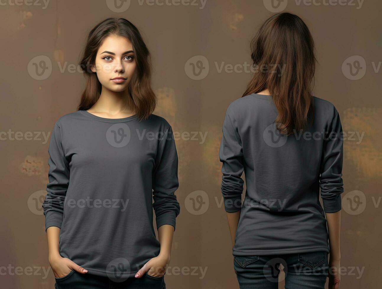 donna indossare un' grigio maglietta con lungo maniche. davanti e indietro Visualizza. ai generato foto