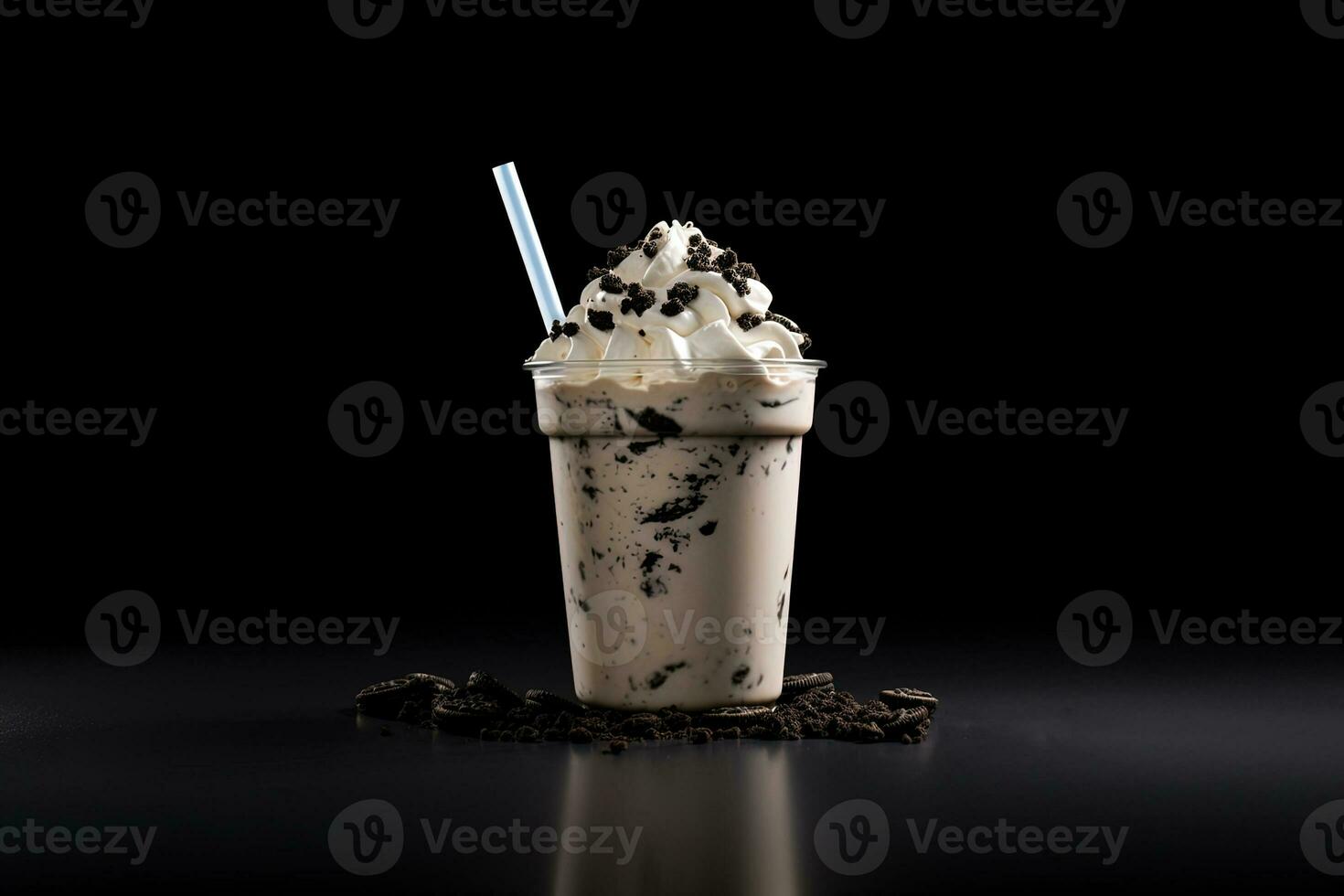 biscotti e crema frappè nel un' porta via tazza isolato su buio sfondo. ai generato foto