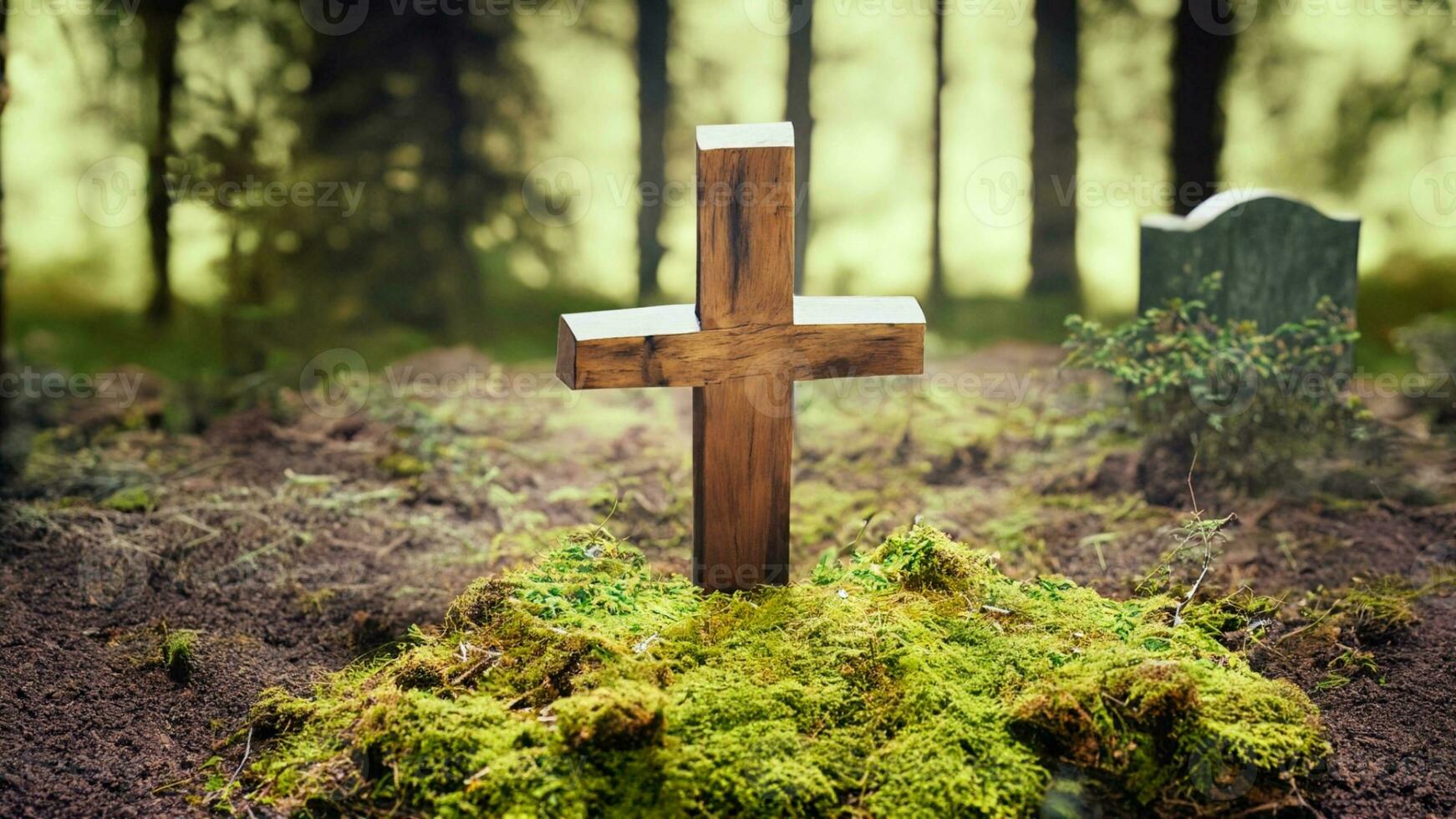 foresta scavare cimitero, funerale sfondo - di legno attraversare su muschio. naturale sepoltura tomba nel il boschi. ai generativo. foto