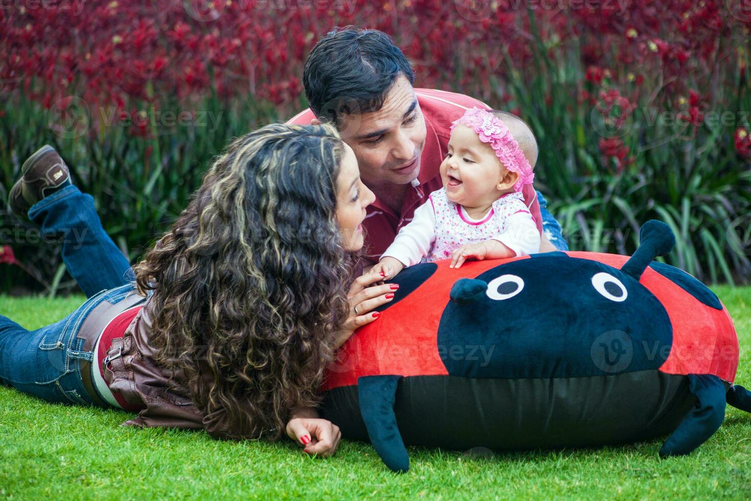 giovane genitori avendo divertimento all'aperto con loro sei mesi vecchio bambino ragazza. felicità concetto. famiglia concetto foto