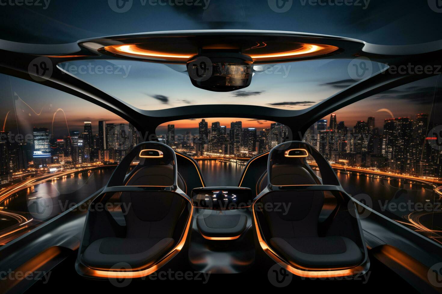 aria Taxi e città Visualizza a notte. aria veicolo. personale aria trasporto. autonomo aereo Taxi. volante macchina. urbano aviazione. futuristico tecnologia. elettrico vtol passeggeri aereo. generativo ai. foto