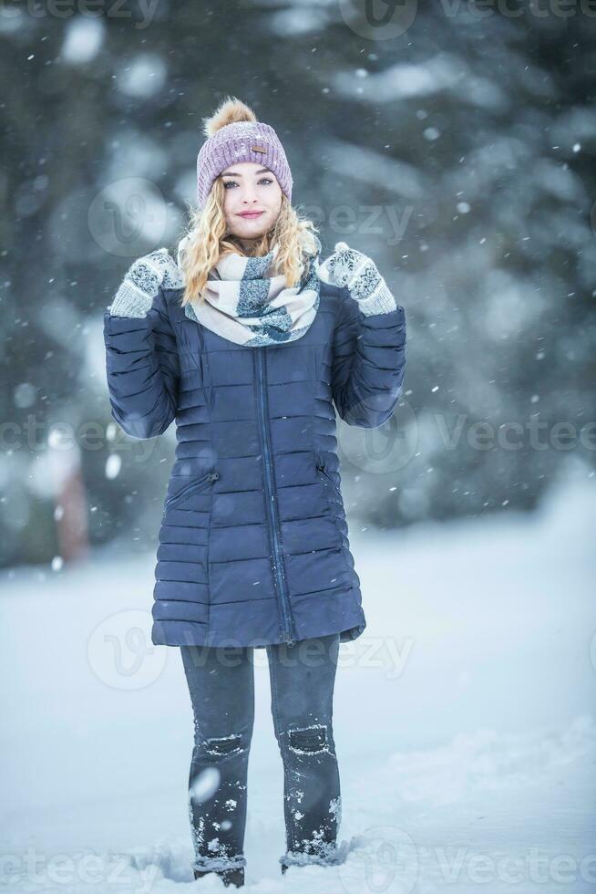 bellissimo giovane donna nel caldo capi di abbigliamento a piedi su neve  27485936 Stock Photo su Vecteezy