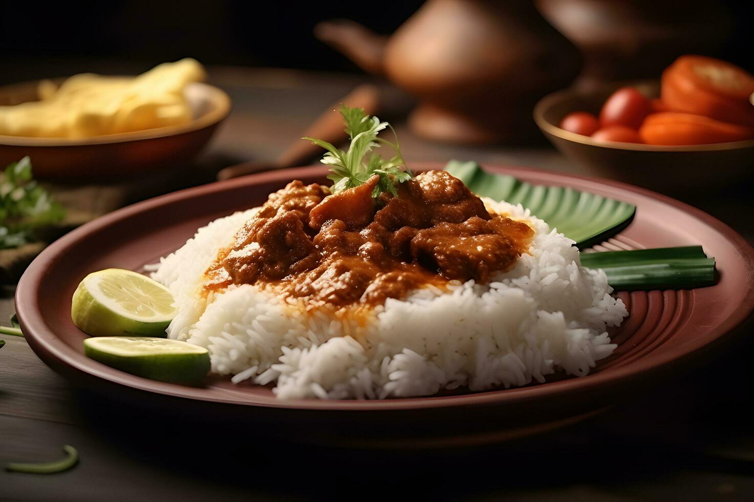 rendang Padang cucina servito con cottura a vapore riso foto