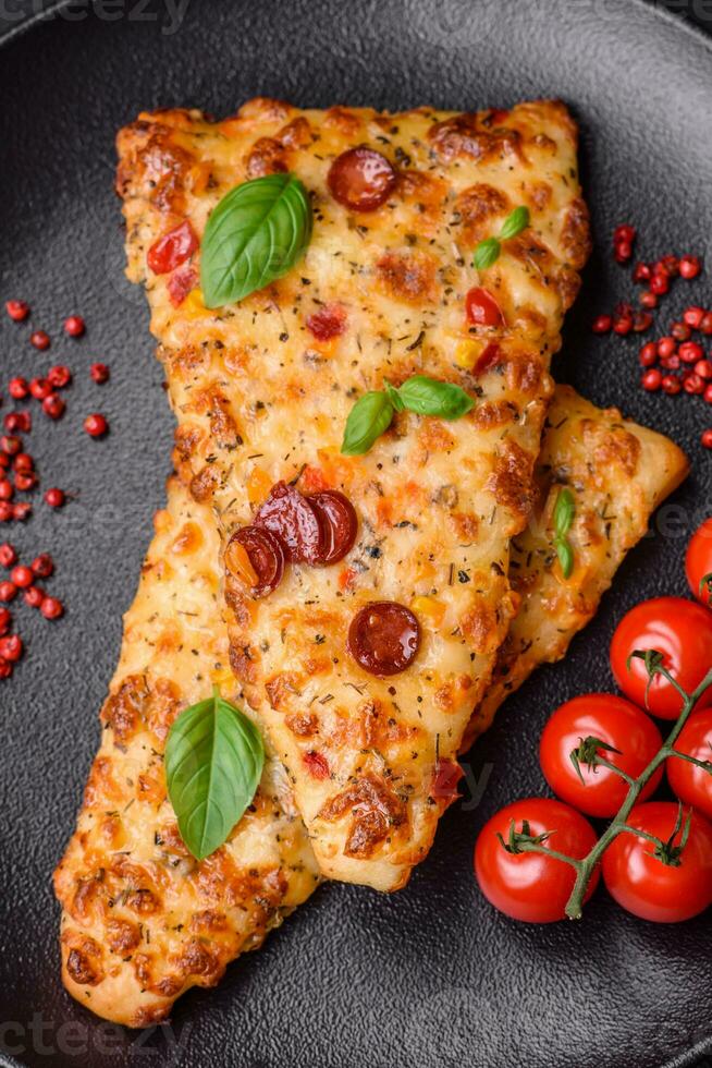 delizioso forno fresco piadina Pizza con formaggio, pomodori, salsiccia, sale e spezie foto