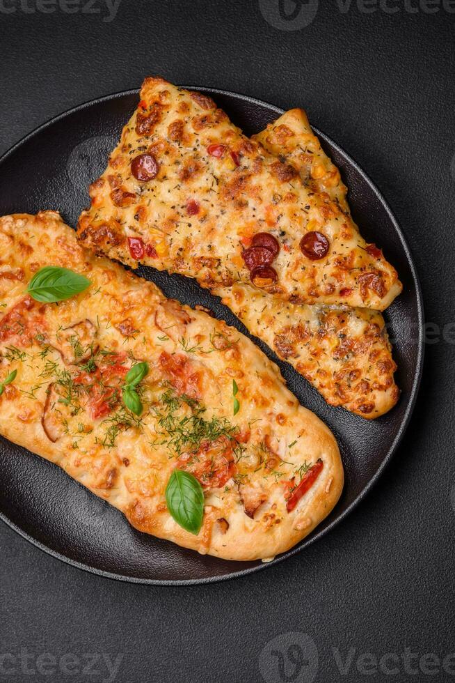 delizioso forno fresco piadina Pizza con formaggio, pomodori, salsiccia, sale e spezie foto