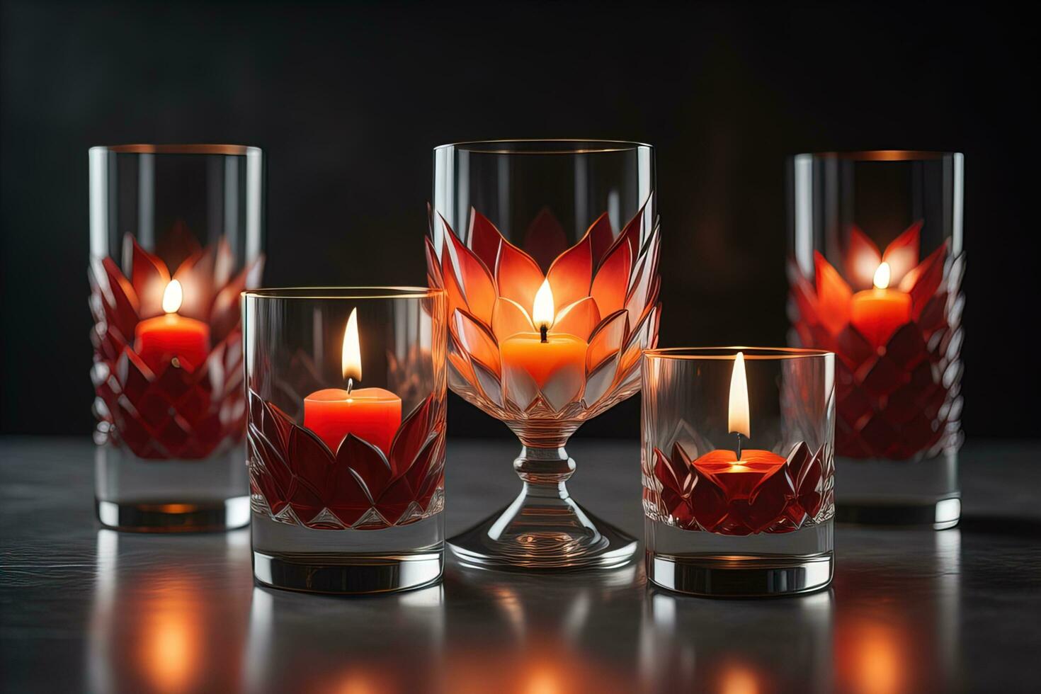 ardente candele nel bicchieri su di legno tavolo, avvicinamento