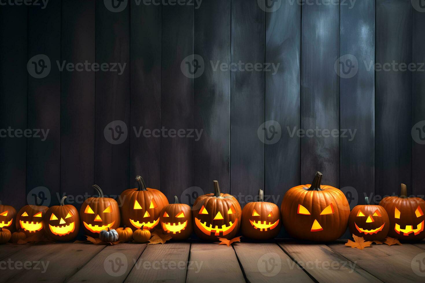 Halloween arancia zucche con pauroso sorrisi e candela illuminato. 31 ottobre celebrazione. spaventoso Magia orizzontale bandiera con spazio per testo. sfondo, carta, manifesto, volantino. generativo ai. foto