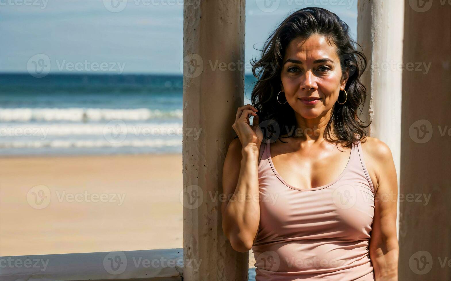 foto di mezzo anziano vecchio donna a Casa vicino mare spiaggia, generativo ai