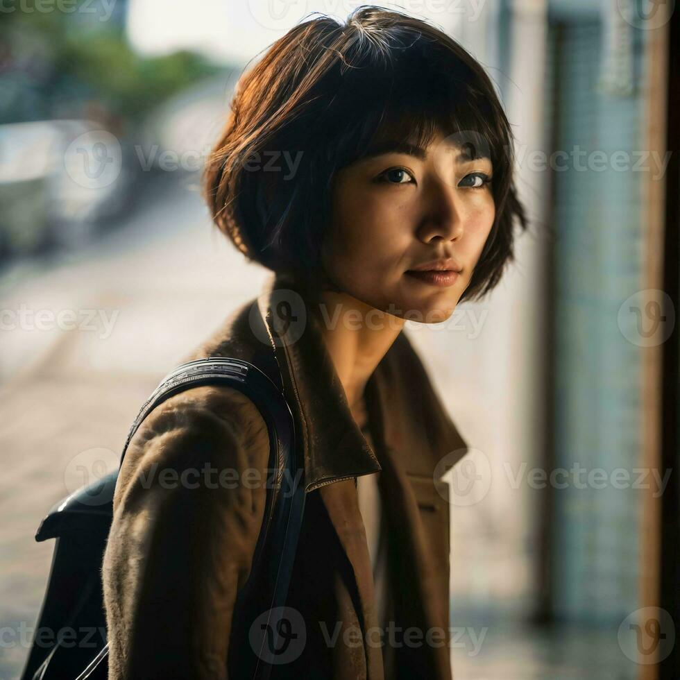 foto di bellissimo giapponese asiatico donna con corto capelli, generativo ai