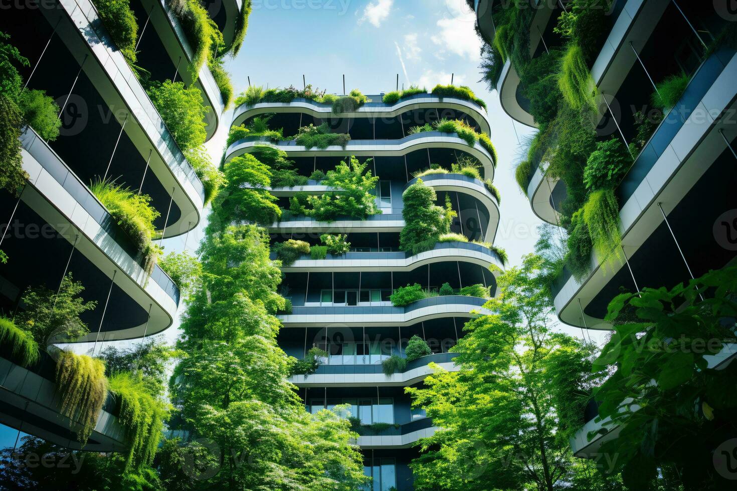 sostenibile verde edificio nel moderno città. verde architettura. eco-friendly costruzione. sostenibile Residenziale edificio con verticale giardino ridurre co2. appartamento con verde ambiente. generativo ai. foto