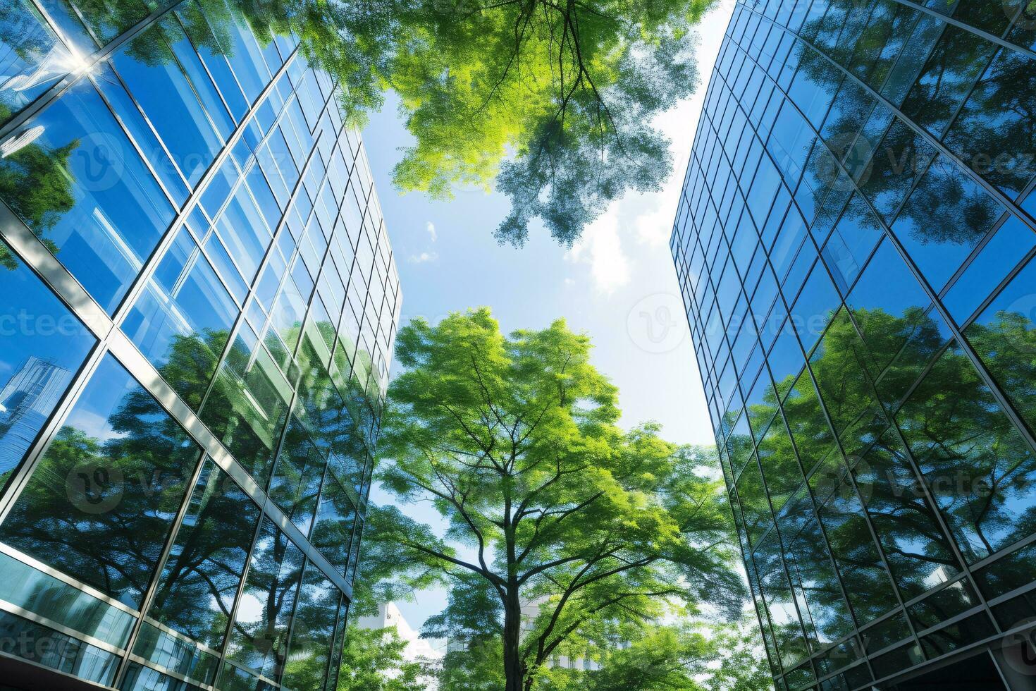 eco-friendly edificio nel il moderno città. sostenibile bicchiere ufficio edificio con albero per riducendo carbonio biossido. ufficio edificio con verde ambiente. aziendale edificio ridurre co2. generativo ai. foto