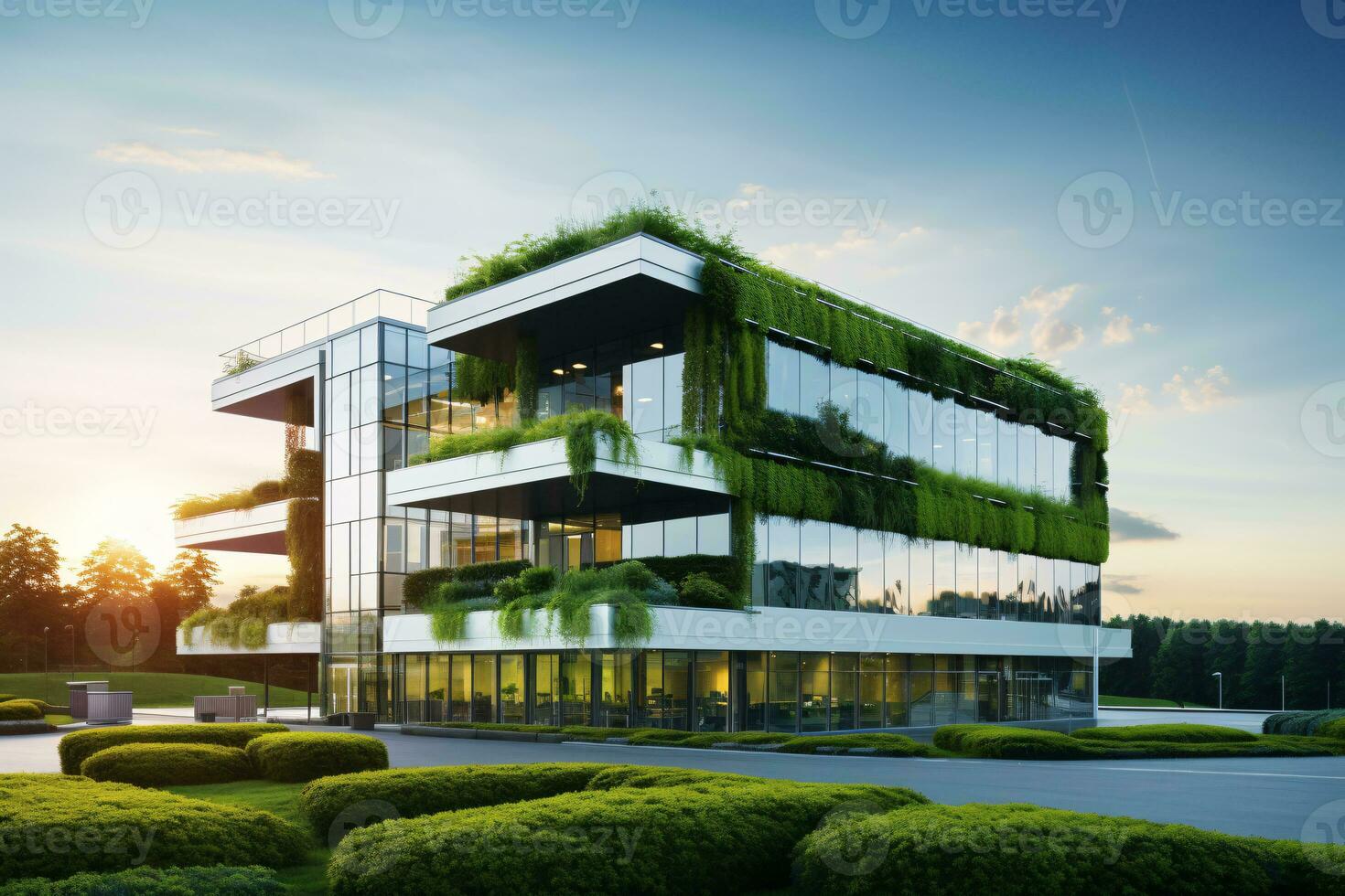 eco-friendly edificio nel il moderno città. sostenibile bicchiere ufficio edificio con albero per riducendo carbonio biossido. ufficio edificio con verde ambiente. aziendale edificio ridurre co2. generativo ai. foto