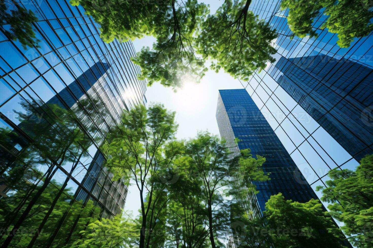 eco-friendly edificio nel il moderno città. sostenibile bicchiere ufficio edificio con albero per riducendo carbonio biossido. ufficio edificio con verde ambiente. aziendale edificio ridurre co2. generativo ai. foto