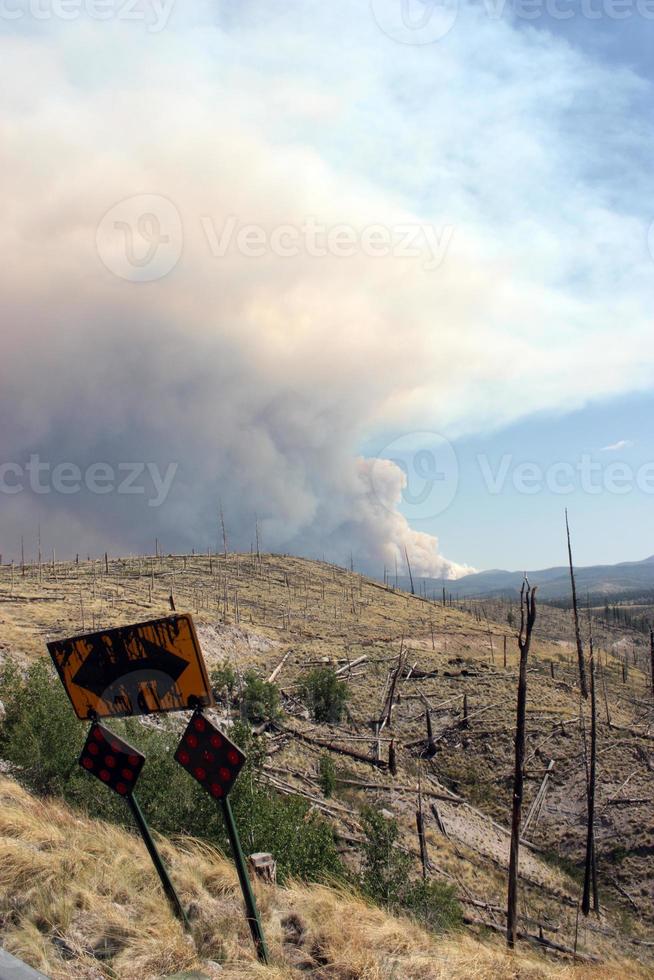 Fumo fluttuante dall'attuale Gila National Forest Johnson Fire dietro il cartello stradale curvo nel vecchio burn foto