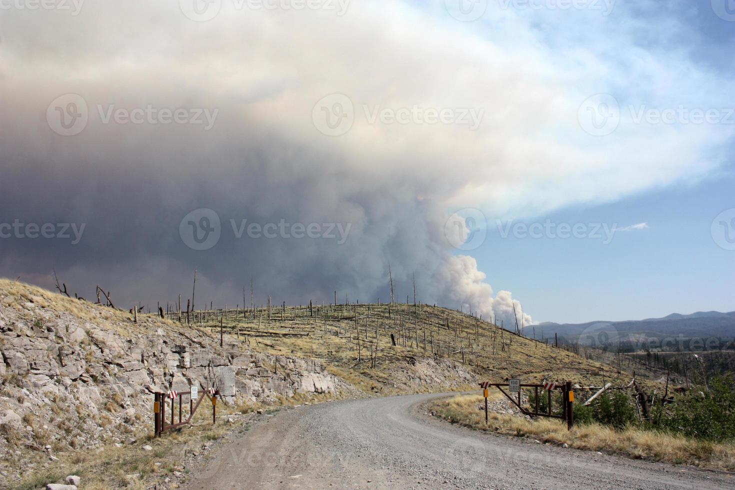 prove di vecchi incendi boschivi a gila nf con fumo fluttuante dall'attuale incendio johnson in background foto