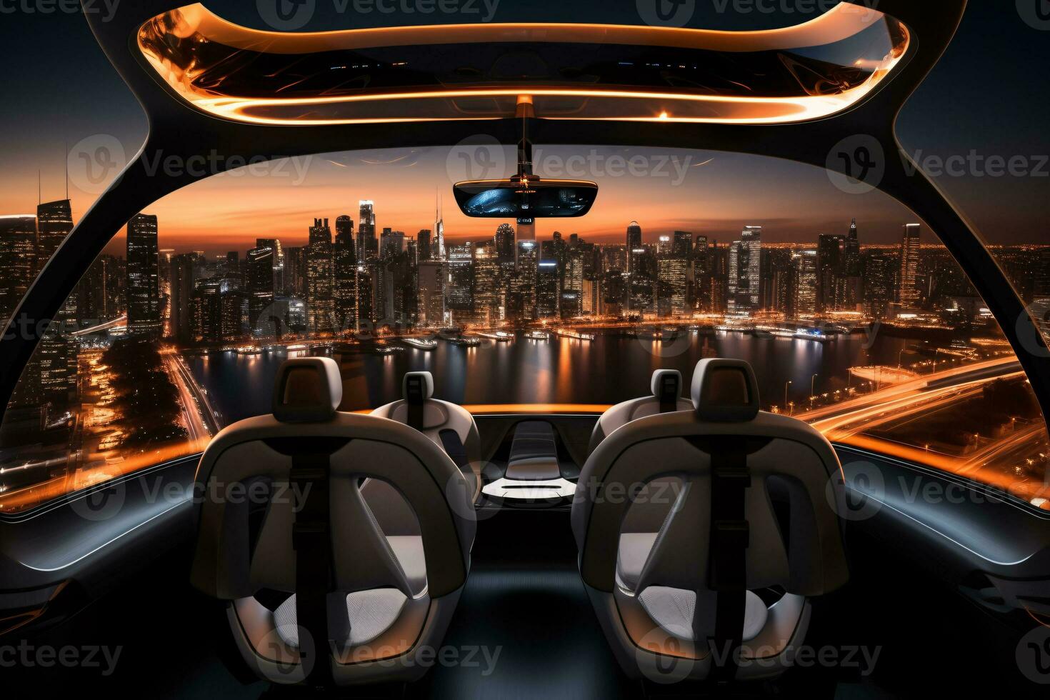 aria Taxi finestra Visualizza di città a notte. aria veicolo. personale aria trasporto. autonomo aereo Taxi. volante macchina. urbano aviazione. futuristico tecnologia. elettrico vtol passeggeri aereo. generativo ai. foto