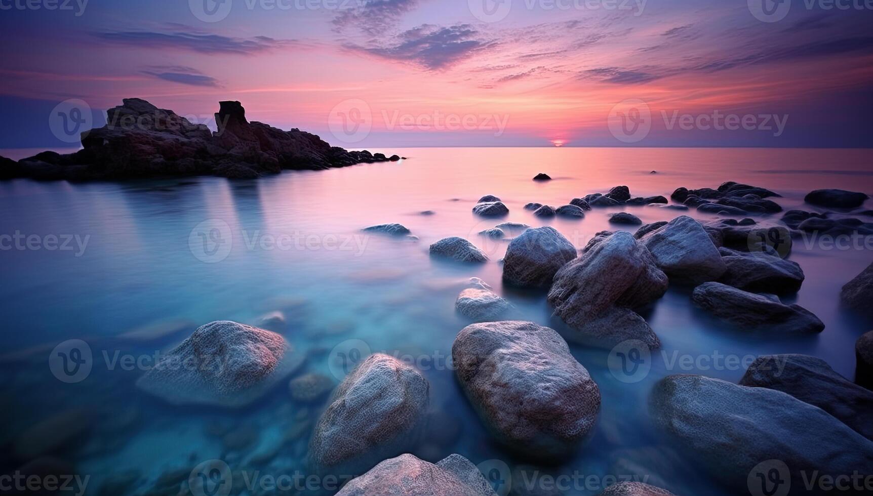 Alba al di sopra di il mare e simpatico spiaggia nel viola colore. generativo ai foto