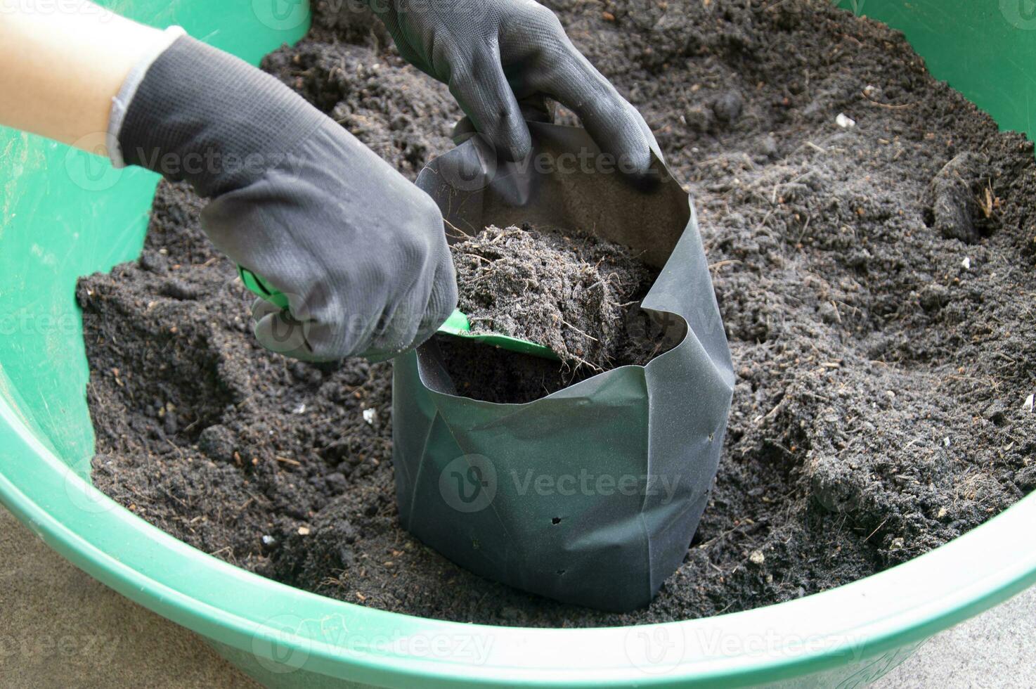 agricoltori siamo Imballaggio invasatura suolo in semina borse. foto