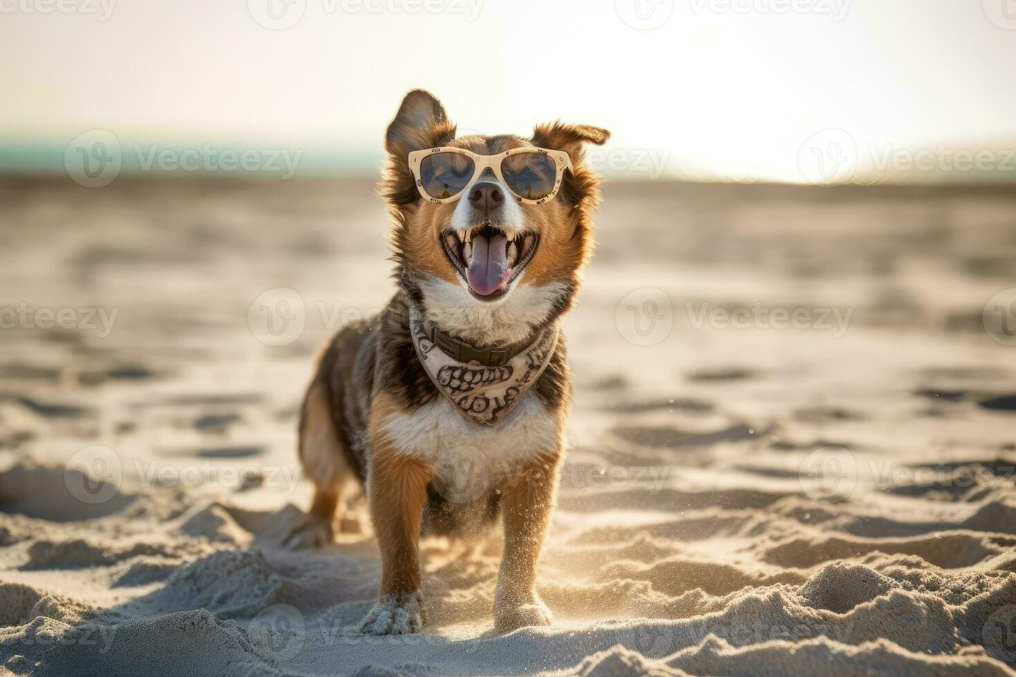 spiaggia barbone - un' gioioso canino bagna su il sole - ai generato foto
