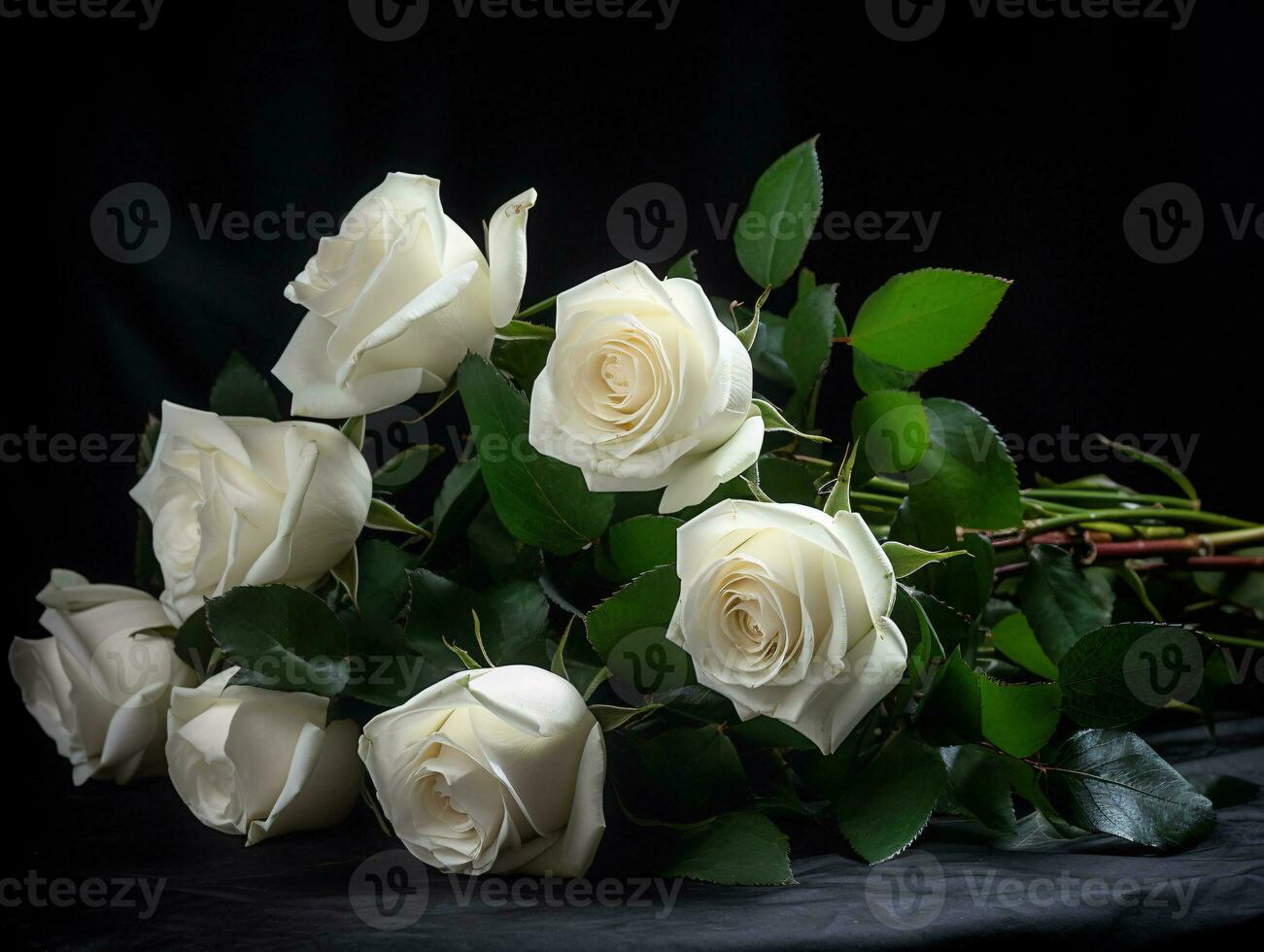 contrastante bellezza - un' Impressionante ancora vita di bianca Rose su un' nero tavolo - ai generato foto