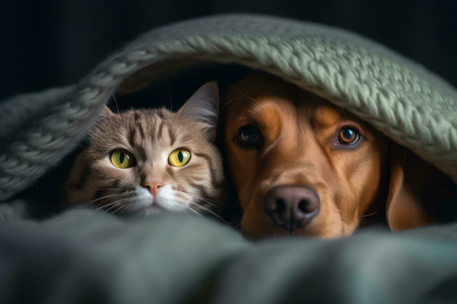 un' cane e gatto sotto un' coperta ai generato foto