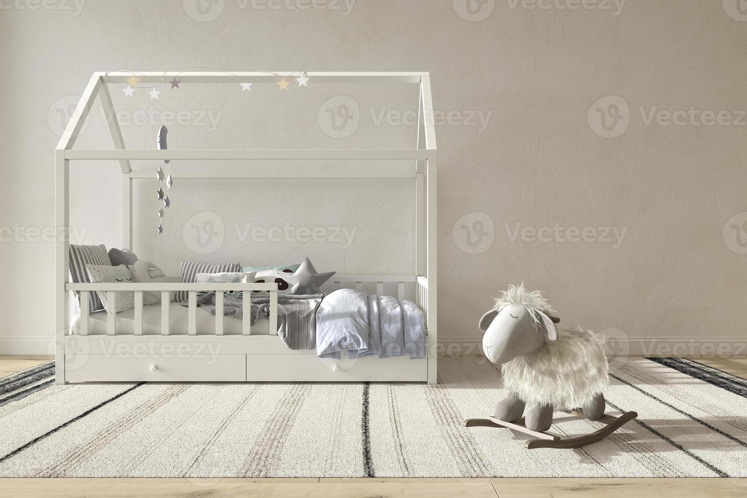 camera dei bambini interni in stile scandinavo. mock up sullo sfondo del muro. camera da letto per bambini in stile fattoria 3d rendering illustrazione. foto