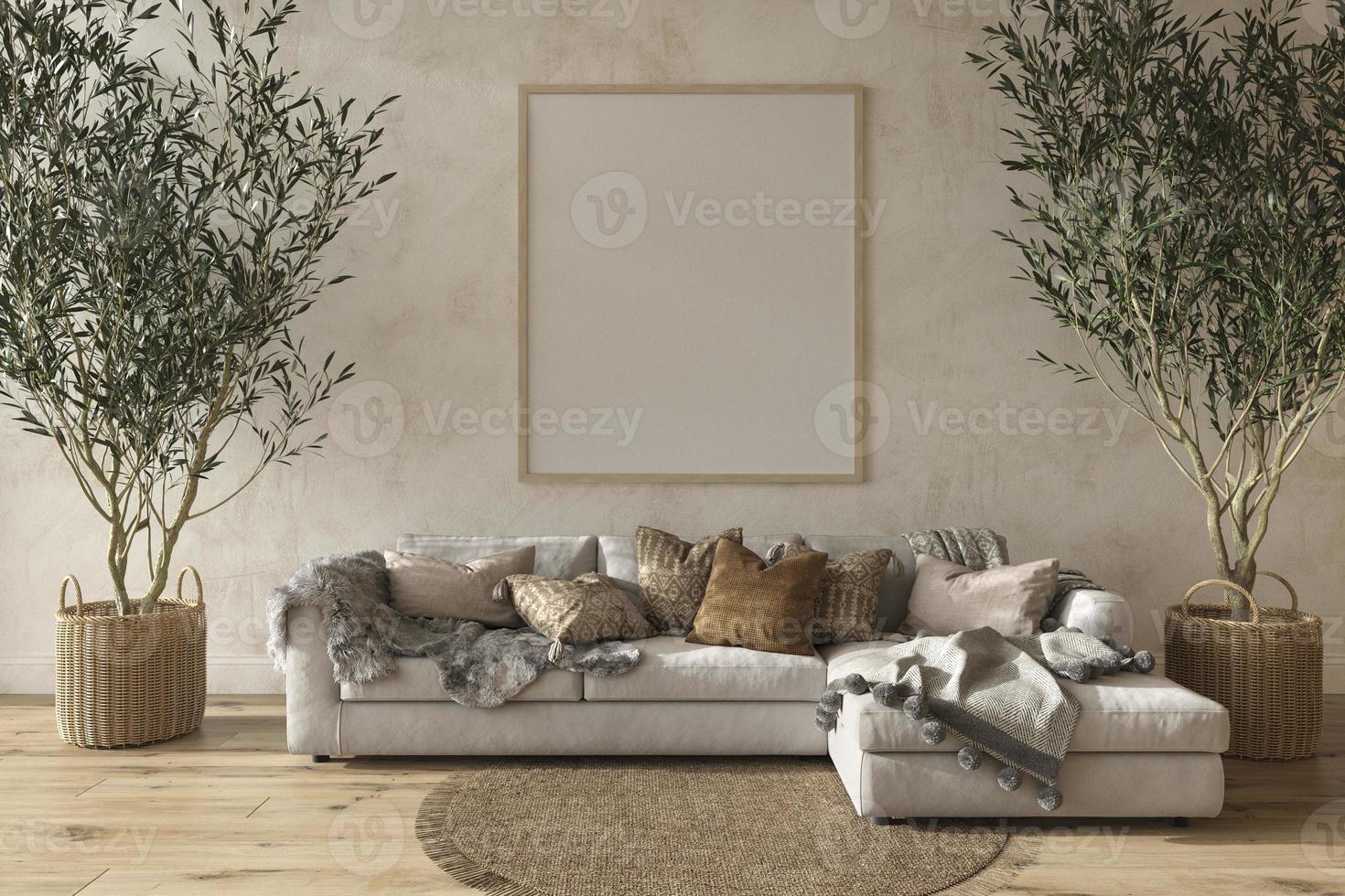 interni soggiorno beige in stile fattoria scandinavo con mobili in legno naturale 3d rendering illustrazione foto