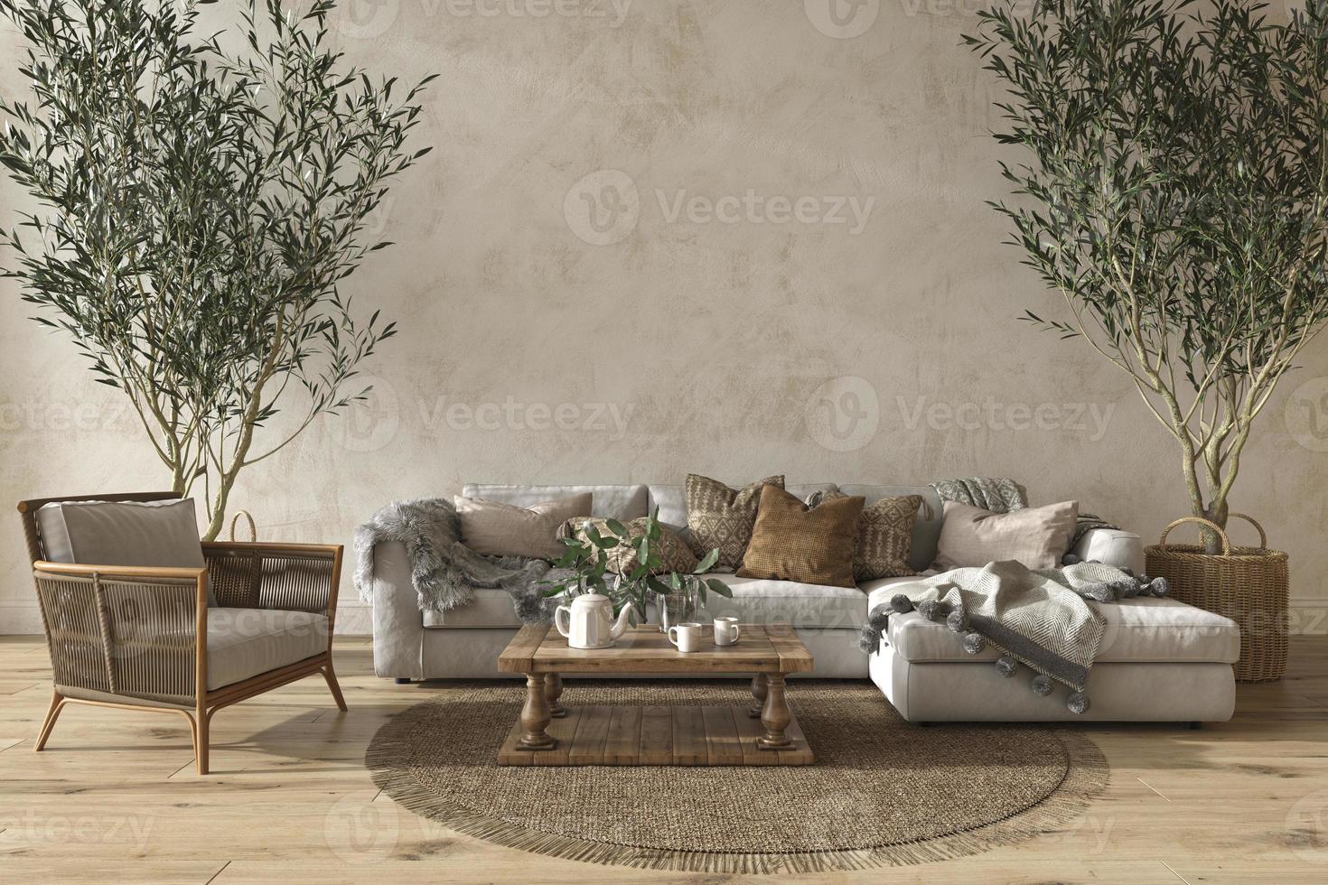 interno beige del soggiorno in stile fattoria scandinavo con sfondo muro finto 3d rendering illustrazione foto