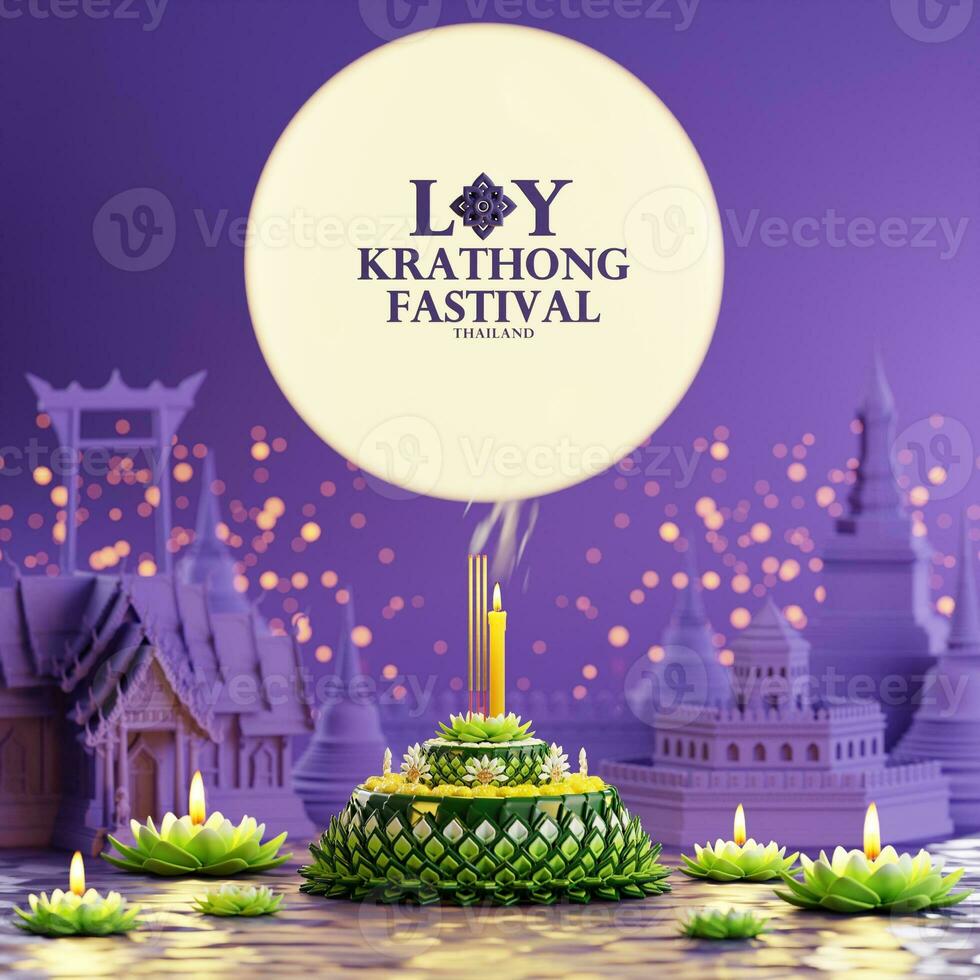 3d interpretazione illustrazione loy Krathong Festival e yi peng Festival nel Tailandia Krathong a partire dal Banana foglie, fiori, candele e incenso bastoni, Luna piena, fiume, e notte sfondo colore. foto